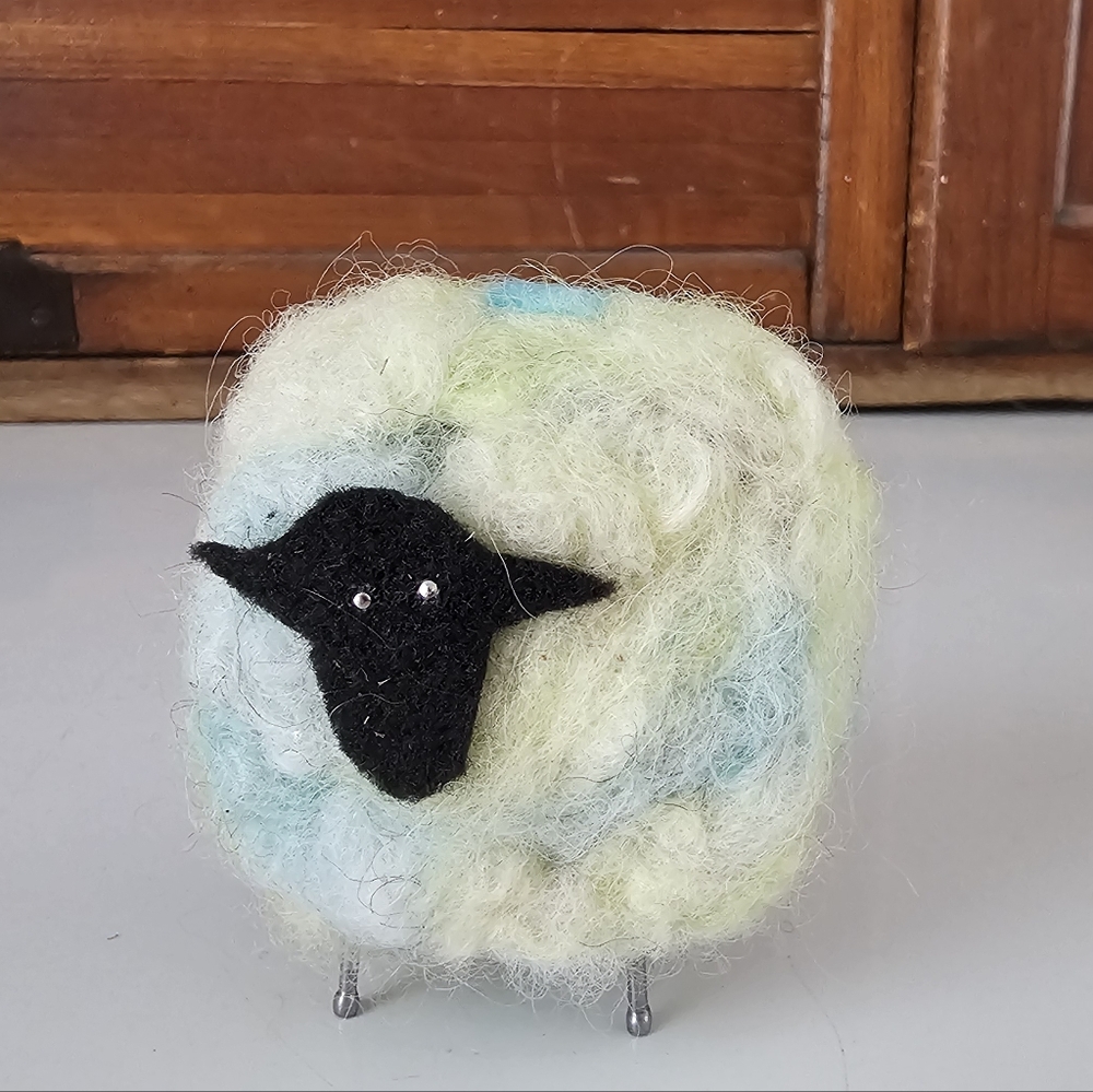 Handmade Green And Blue Shetland Wool Sheep Figurine New